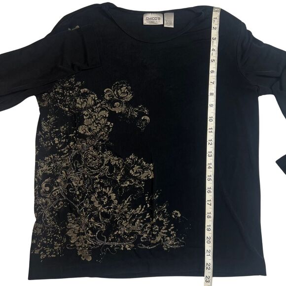 Chicos Blouse Size 1 Long Sleeve Black Floral Chain Gothic Casual Workwear Top - Picture 3 of 12
